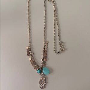Hamsa Gold and Turquoise Long Pendant Necklace